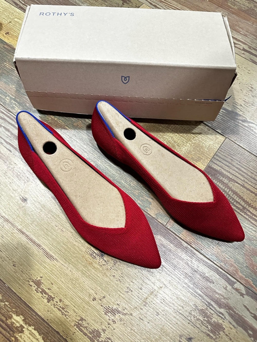 Rothy's Red Pointed Knit Flats with Blue Trim - Women's